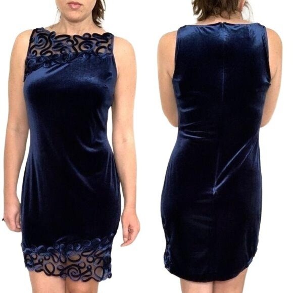 Vintage 90s Joseph Ribkoff Dress Size 6 Blue Velvet Mesh Cocktail Sleeveless - Picture 1 of 9